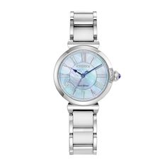 Dress up your everyday look with the classic and romantic design of this ladies' Citizen Eco-Drive® L Mae diamond accent silver-toned watch. The mother-of-pearl dial features three blue hands, silver-toned roman numeral markers, a curving design inspired by May bells and a diamond accent marker at 8 o'clock. 29.5mm stainless steel case with anti-reflective sapphire crystal and a perfume bottle topper-inspired crown Japanese quartz movement keeps accurate time while Citizen Eco-Drive® technology Citizen Watches, Diamond Watches Women, Eco Drive Watches, Citizen Watch, Citizen Eco, Watches For Women, Delicate Beauty, Eco Drive, Classic Watches