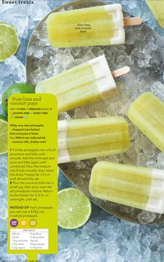 an advertisement for popsicles with limes on top and ice in the back ground