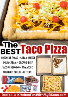 an advertisement for the best taco pizza in town, with instructions to make it