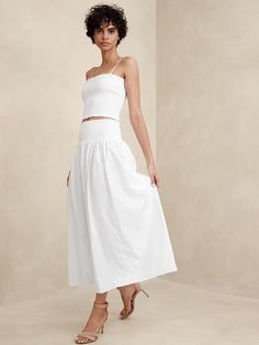 Smocked-Waist Poplin Maxi Skirt | Banana Republic Factory Gather Skirt, Business Casual Skirt, Matching Top And Skirt, Poplin Skirt, Smocked Skirt, White Midi Skirt, Pearl Beaded Necklace, Animal Print Skirt, Banana Republic Skirt