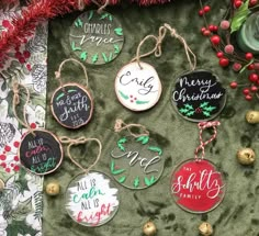 christmas ornament ornaments are arranged on a green blanket