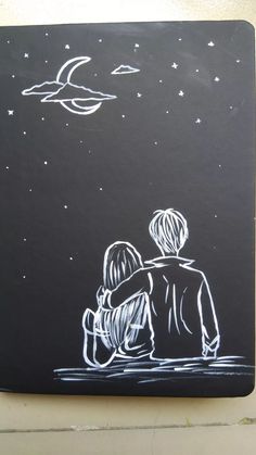 a chalk drawing of two people sitting on a bench under the stars and moon in the night sky