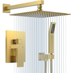 an overhead shower head with thermostaer and hand held showerhead in gold