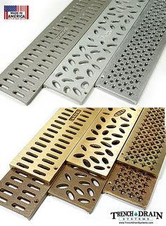 four different types of metal grates with holes and holes on the sides, one is gold