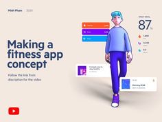 a man is walking while looking at the screen on his phone and texting, making a fitness app concept