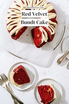 a red velvet bundt cake with white frosting on two plates next to it