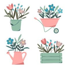 four flower pots with flowers in them and a watering can next to one that is filled with flowers