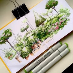 two markers are sitting on top of a piece of paper next to some plants and trees