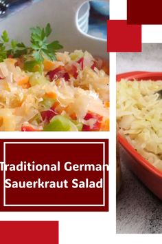 a red bowl filled with rice and vegetables next to a white bowl full of salad