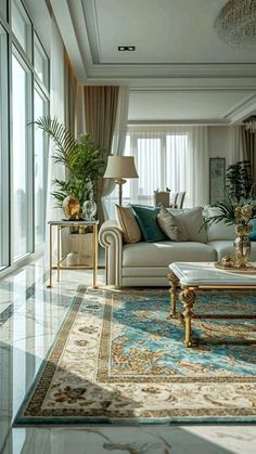 a living room filled with lots of furniture and decor on top of a blue rug