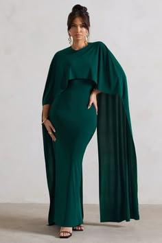 Padma Bottle Green Draped Maxi Dress With Cape Sleeves – Club L London - USA Evening Gowns With Capes, Emerald Green Dress Sleeves, Formal Dress With Cape, Wedding In Woods, Formal Green Dress, Caped Dress, Green Dress Long, Dress With Cape Sleeves, Backless Evening Gowns