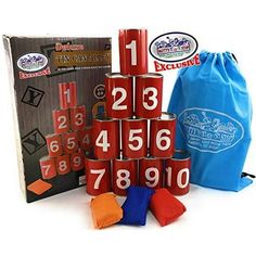 an assortment of red and white numbers next to a blue bag with drawsacks