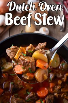 a spoon full of beef stew with carrots and potatoes