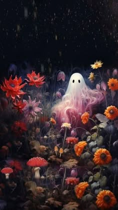 a painting of a ghost surrounded by flowers