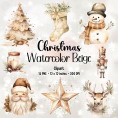 christmas watercolor bigge clipart set with santa claus, snowman, deer and stockings