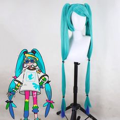 a wig with long blue hair on a stand next to a white mannequin