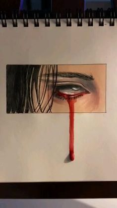 a drawing of a woman's eye with blood dripping from it