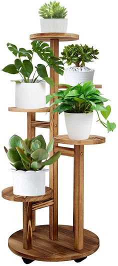 three tiered wooden plant stand with plants on top