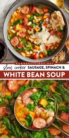 Looking for fall comfort food ideas? Get your crockpot ready and try this soup recipe for dinner! There's nothing like coming home to this Slow Cooker Sausage, Spinach and White Bean Soup that's hearty and flavorful! Bean Soup In Crockpot, Soup Damn Delicious, Spinach And White Bean Soup, Spinach White Bean, Slow Cooker Sausage, Navy Bean Soup, Sausage Spinach, Best Soup Recipes, White Bean Soup