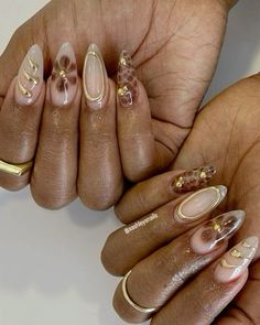 Baddie Nail Inspo Almond, Trendy 3d Nails, Cheetah And Gold Nails, Leopard And Gold Nails, Brown And Leopard Nails, 3d Nail Gel Art, Simple Almond Nails Fall, Cute Birthday Nails Almond, Pink Gel Mani