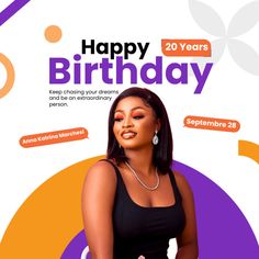 a woman is standing in front of a happy birthday card with an orange and purple background