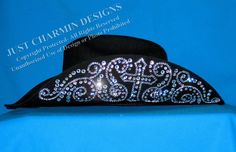 Just Charmin' Designs - Rhinestone Cross Black Felt Cowboy Hat Western Helmet, Hats Cowboy, Western Show Clothes, Black Cowboy Hat, Horse Show Clothes, Cowgirl Bling, Boot Bling