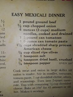 an old mexican dinner menu with instructions