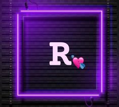 the letter r is surrounded by two hearts in purple neon lights on a black background