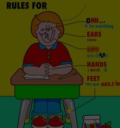 a child sitting at a desk with the words rules for