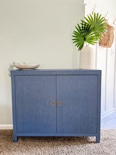 a blue cabinet sitting on top of a carpeted floor next to a potted plant