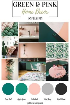 the green and pink home decor presentation is shown in this image, it's all different