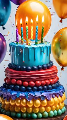 a birthday cake with candles on it surrounded by balloons