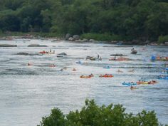 many people are rafting on the river