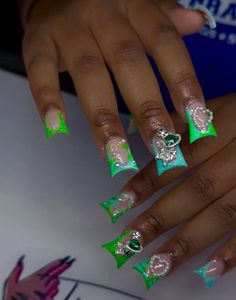 Ducktail Nails, All Rhinestone Nails, Fall Duck Nail Designs, Junk Nails Bling Duck, Tropical Duck Nails, Colorful Duck Nails, Blue And Green Nails Acrylic, Green Junk Nails, Duck Nail Designs Y2k