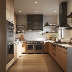 a kitchen with wooden cabinets and stainless steel appliances, including an oven, range hood, dishwasher, microwave, and sink