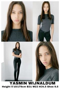 a woman with long brown hair and black pants posing for the camera in four different pictures