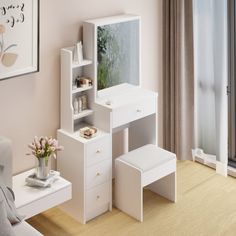 a white desk and chair in a room