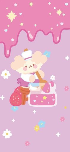 a cartoon bear sitting on top of a piece of cake with pink icing over it