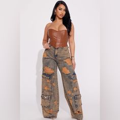 Fashion Nova Nwt! Copper Riley Ripped Baggy Cargo Jean Size 7 Measures Approximately: Waist 32 Inch Inseam 35 Inch Silver Pants, Swag Outfits For Girls, Free Dresses, Long Sleeve Tee Shirts, Cargo Jeans, Matching Dresses, Looks Vintage, Spring Summer Outfits, High Jeans