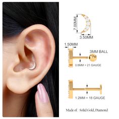 an ear piercing is shown with measurements for the size and shape of each piece in front of