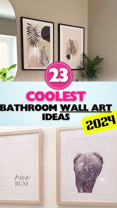 the bathroom wall art is displayed in front of two framed pictures, one with an elephant's head