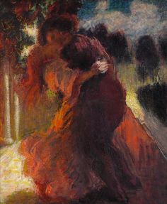 a painting of two people embracing each other