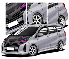 three different views of the same car in color and black and white, each with purple accents