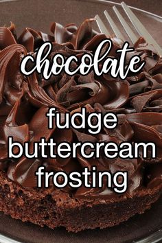 a chocolate fudge buttercream frosting cake on a plate with a fork