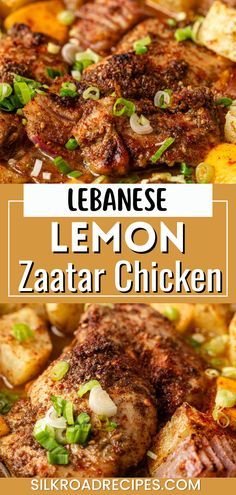 lemon zaata chicken in a skillet with text overlay