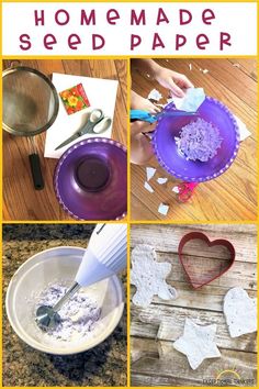 homemade seed paper for kids to make in the shape of heart and star shaped bowls