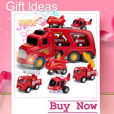 a red fire truck and other toys are on the cover of a pink card that says, gift ideas new buy now