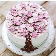 a cake decorated with pink flowers on top of a white plate and wooden table behind it