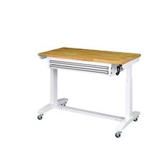 a white workbench with a wooden top on casteors and wheels, against a white background