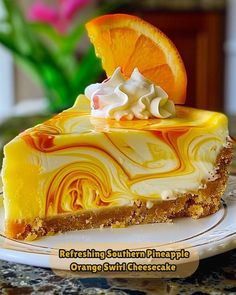 a slice of orange swirl cheesecake on a plate